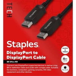 Ethernet Cables<Staples TECH 6 ft. Display Port to Display Port Audio/Video Cable, Male to Male, Black (ST62474)