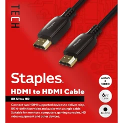 Hdmi Cables<Staples TECH 6 ft. HDMI to HDMI Audio/Video Cable, Male to Male, Black (ST62477)