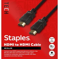 Hdmi Cables<Staples TECH 12 ft. HDMI to HDMI Audio/Video Cable, Male to Male, Black (ST62465)