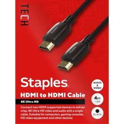 Hdmi Cables<Staples TECH 4 ft. HDMI to HDMI Audio/Video Cable, Male to Male, Black (ST62468)