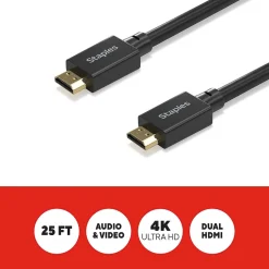 Hdmi Cables<Staples TECH 25 ft. HDMI to HDMI Audio/Video Cable, Male to Male, Black (ST62476)