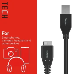 Usb Cables<Staples TECH 6 ft. USB-A to Micro USB Type B Cable, Male to Male, Black (ST62441)
