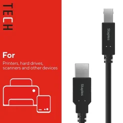 Usb Cables<Staples TECH 6 ft. USB-A to USB-B 2.0 Cable, Male to Male, Black (ST62438)