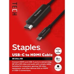Ethernet Cables<Staples TECH 6 ft. USB-C to HDMI Audio/Video Cable, Male to Male, Black (ST62472)