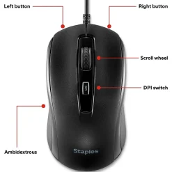 Staples TECH Ambidextrous Optical USB Mouse, Black (ST62598)* Mice