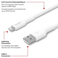 Staples TECH Lightning to USB-A Charging Cable, 6.6 ft., White (ST62331)