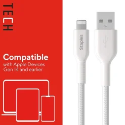 Staples TECH Lightning to USB-A Charging Cable, 6.6 ft., White (ST62331)