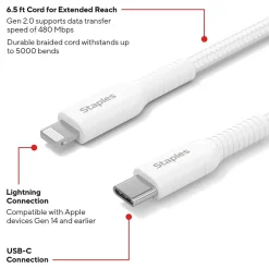 Staples TECH Lightning to USB-C Charging Cable, 6.5 ft., White (ST62333)