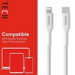 Staples TECH Lightning to USB-C Charging Cable, 6.5 ft., White (ST62333)