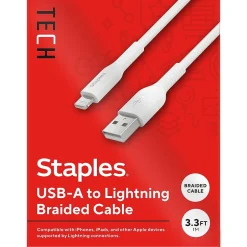Staples TECH Lightning to USB-A Charging Cable, 3.3 ft., White (ST62329)