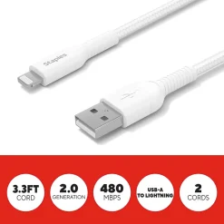 Staples TECH Lightning to USB-A Charging Cable, 3.3 ft., White, 2/Pack (ST62330)