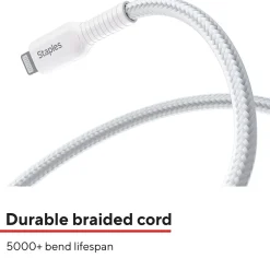 Staples TECH Lightning to USB-A Charging Cable, 3.3 ft., White, 2/Pack (ST62330)