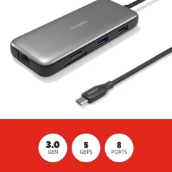 Usb Hubs<Staples TECH 8-Port Hub, Gray (ST62383)