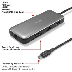 Usb Hubs<Staples TECH 8-Port Hub, Gray (ST62383)