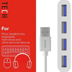 Usb Hubs<Staples TECH 4-Port USB 2.0 Hub, White (ST62376)