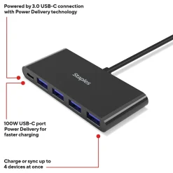 Usb Hubs<Staples TECH 4-Port USB 3.0 Hub, Black (ST62372)