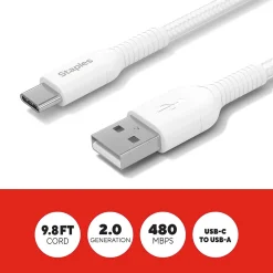 Staples TECH USB-C to USB-A Charging Cable, 9.8 ft., White (ST62339)