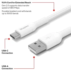 Staples TECH USB-C to USB-A Charging Cable, 9.8 ft., White (ST62339)
