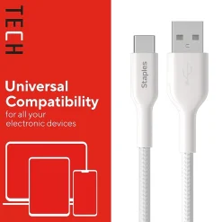 Staples TECH USB-C to USB-A Charging Cable, 9.8 ft., White (ST62339)