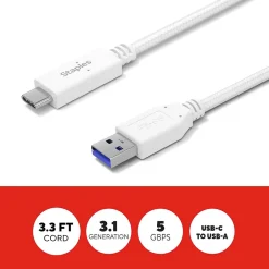 Staples TECH USB-C to USB-A Charging Cable, 3.3 ft., White (ST62316)