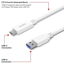 Staples TECH USB-C to USB-A Charging Cable, 3.3 ft., White (ST62316)