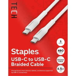 Staples TECH USB-C to USB-C Charging Cable, 6.5 ft., White, 5/Pack (ST62315)