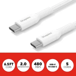 Staples TECH USB-C to USB-C Charging Cable, 6.5 ft., White, 5/Pack (ST62315)