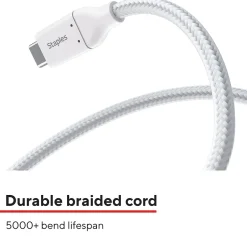 Staples TECH USB-C to USB-C Charging Cable, 6.5 ft., White, 5/Pack (ST62315)