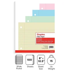 Staples Wide Ruled Filler Paper, 8" x 10.5", Assorted Colors, 100 Sheets/Pack (TR41637) Hot