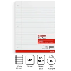 Staples ® Wide Ruled Filler Paper, 8" x 10.5", White, 120 Sheets/Pack (ST37426D) Online
