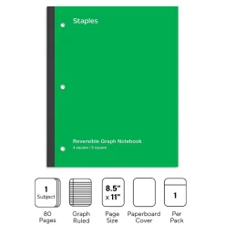 Staples Wireless 1-Subject Notebook, 8.5" x 11", Graph Ruled, 80 Sheets, (ST58384C) Green Outlet