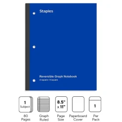 Staples Wireless 1-Subject Notebook, 8.5" x 11", Graph Ruled, 80 Sheets, (ST58382) Blue Clearance