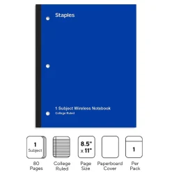 Staples Wireless 1-Subject Notebook, 8.5" x 11", College Ruled, 80 Sheets, (TR58378) Blue Clearance