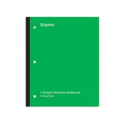 Staples Wireless 1-Subject Notebook, 8.5" x 11", College Ruled, 80 Sheets, (ST58380C) Green Outlet