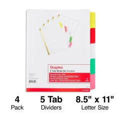 Staples Write-On Dividers, 5-Tab, Assorted Colors, 4/Pack (13509/23176) Hot