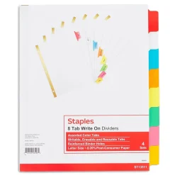 Staples Write-On Dividers, 8-Tab, Assorted Color s, 4/Pack (13511/23179) Clearance