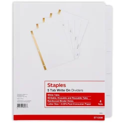 Staples Write-On Write & Erase Paper Divider, 5 Tabs, White/White Tabs, 4 Sets (13508/23175) Clearance