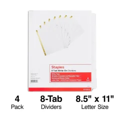 Staples Write-On Write & Erase Paper Divider, 8 Tabs, White/White Tabs, 4 Sets (13510/23178)