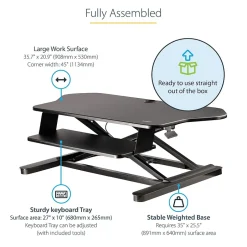 Discount Adjustable Large Surface Corner Sit Stand Desk Converter for Dual Monitors, Keyboard Tray, 35