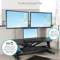 Discount Adjustable Large Surface Corner Sit Stand Desk Converter for Dual Monitors, Keyboard Tray, 35