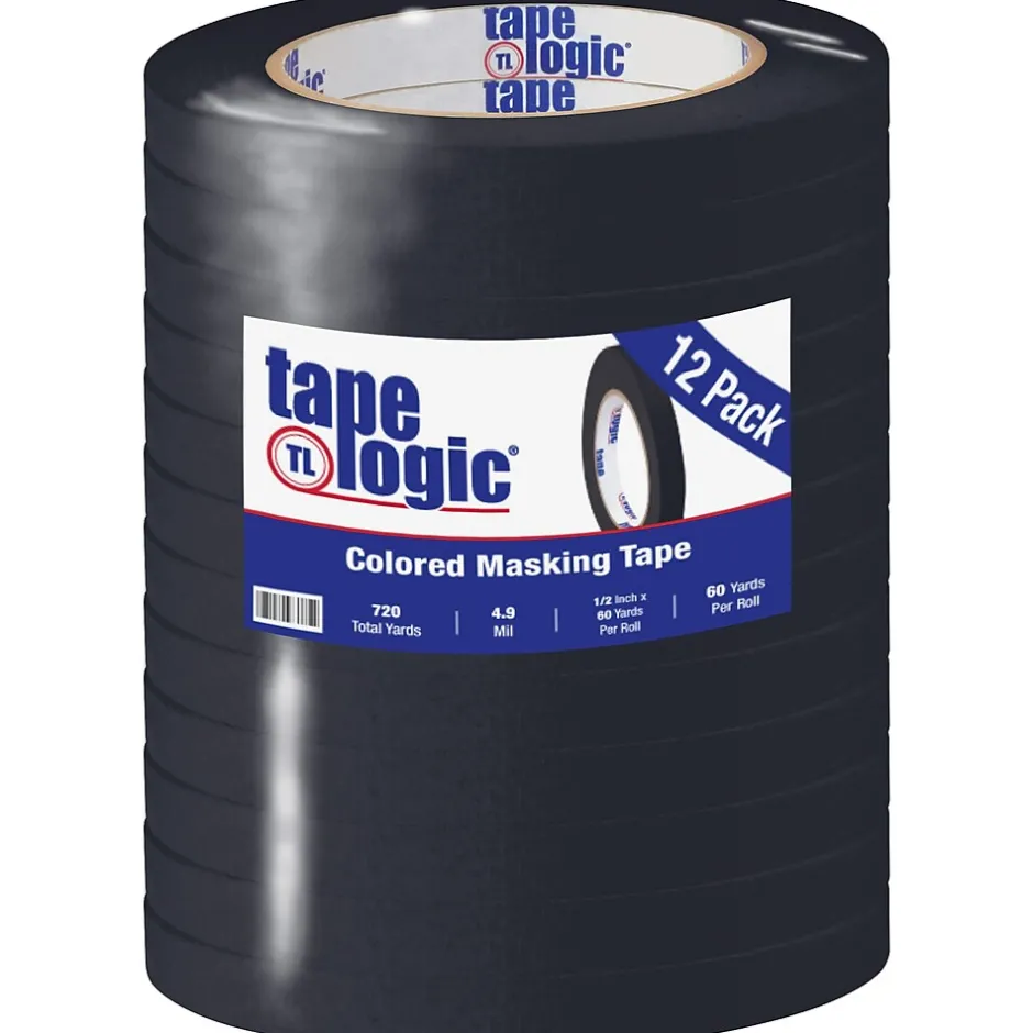 Tape Logic ® Colored Masking Tape, 4.9 Mil, 1/2" x 60 yds., Black, 12/Case (T93300312PKB)* Masking Tape