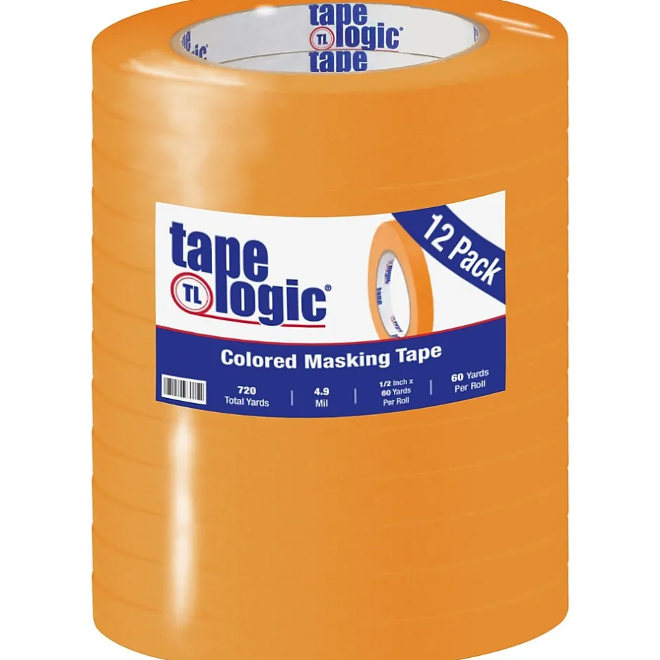 Tape Logic ® Colored Masking Tape, 4.9 Mil, 1/2" x 60 yds., Orange, 12/Case (T93300312PKD)* Masking Tape