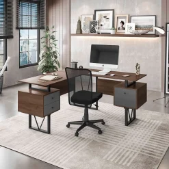 Discount 59" L-Shaped Desk with Drawers and File Cabinet, Walnut/Black (RTA-4809DL-WAL) Corner Desks