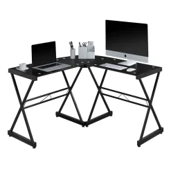 Online L-Shaped Glass Top Computer Corner Desk, Black (RTA-3805L-BK) L-Desks