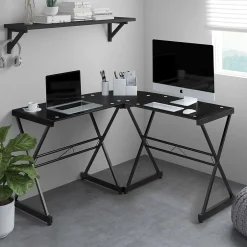 Online L-Shaped Glass Top Computer Corner Desk, Black (RTA-3805L-BK) L-Desks