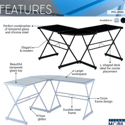 Online L-Shaped Glass Top Computer Corner Desk, Black (RTA-3805L-BK) L-Desks