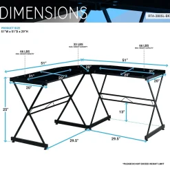 Online L-Shaped Glass Top Computer Corner Desk, Black (RTA-3805L-BK) L-Desks