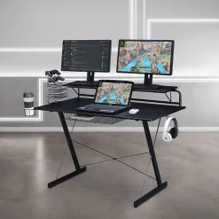 Carbon Computer Gaming Desk with Shelving, Black (RTA-TS200-BK) Corner Desks