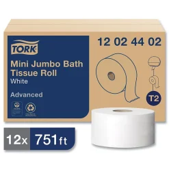 Tork Advanced Mini Jumbo Roll Bath Tissue, Septic Safe, 2-Ply, White, 3.48" x 751 ft, 12 Rolls/Carton (TRK12024402)