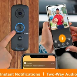 Smart Doorbells<Toucan V3 Wireless Battery Operated Video Doorbell, Chime, Night Vision, Wi-Fi, IP56 Weather Resistant, Black